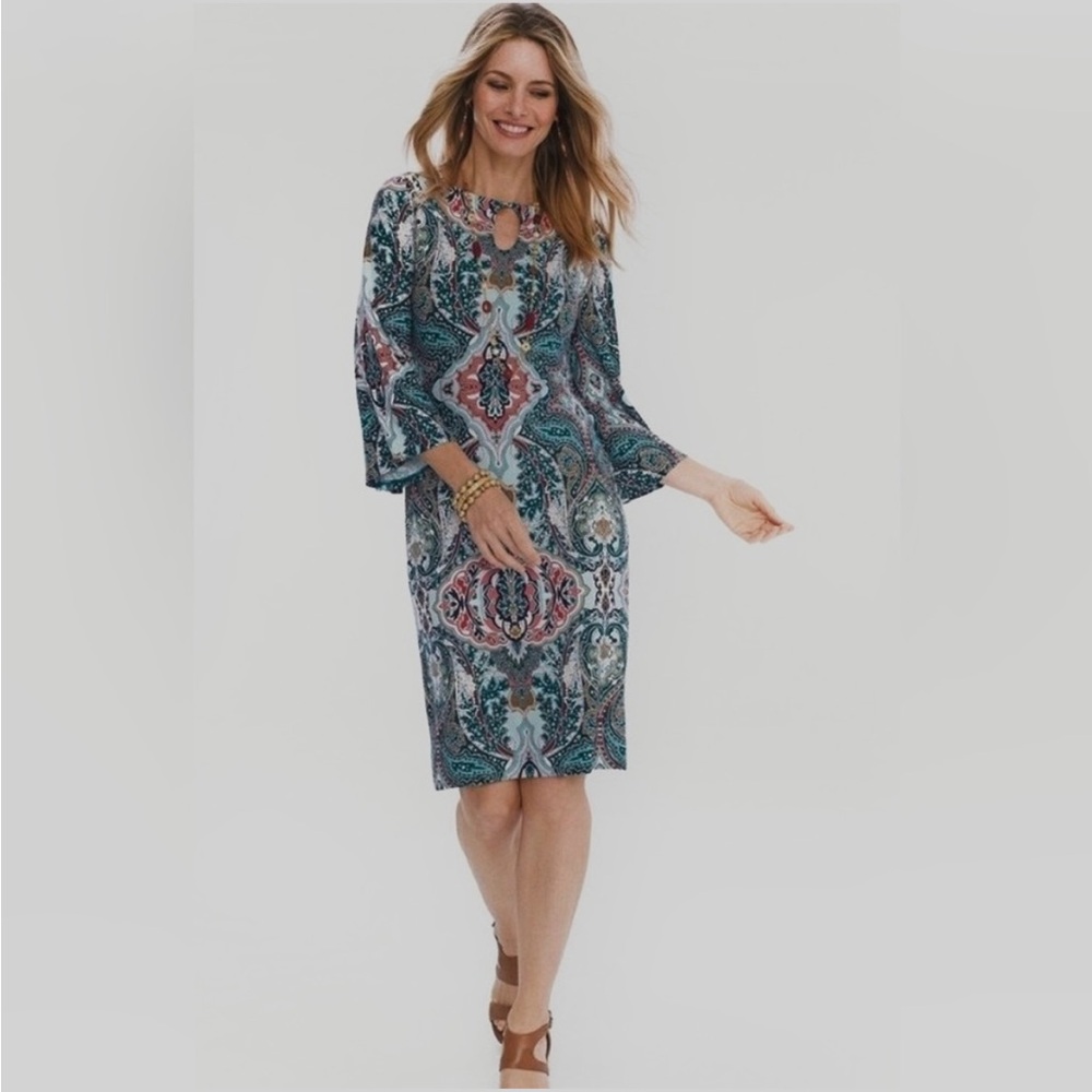 Chico's Teal, Burgandy and White Sheath Dress with Bell Sleeves - Picture 11 of 11